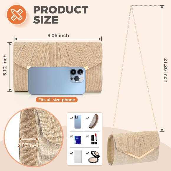 Champagne Glittering Envelope Style Evening Clutch with Detachable Chain for Wed - Picture 4 of 6